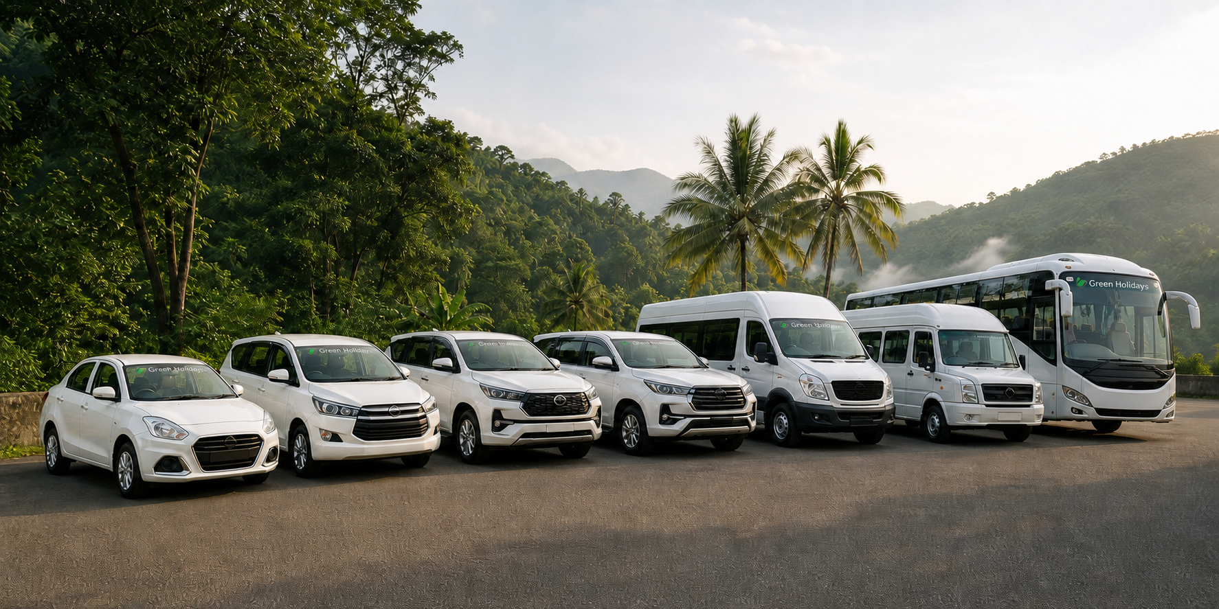 Green Holidays branded fleet of cars, vans and buses in Kerala